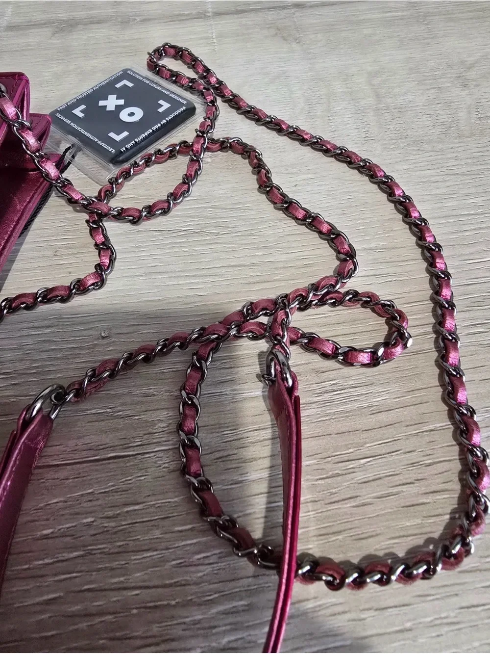 CHANEL Fuchsia Patent Leather CC Phone Crossbody with Chain Strap